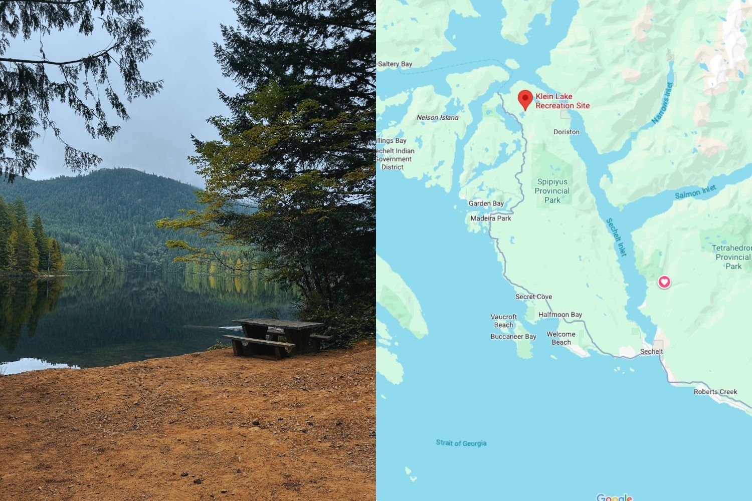 Picnic area and location map of Klein Lake Recreation Site